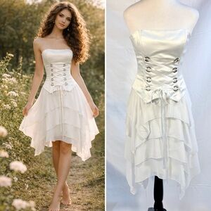 Jessica McClintock Ivory Satin Corset Handkerchief Hem Chiffon Dress Size 2💛